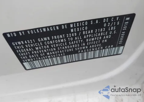 2015 Volkswagen Jetta 1.8T Se z USA, uszkodzony, nr VIN 3VWD17AJ5FM307942